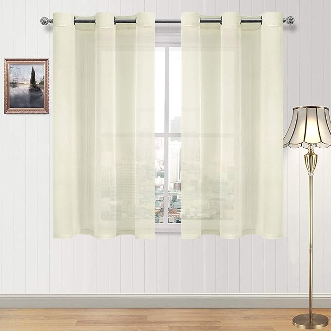 DWCN Ivory Sheer Curtains Linen Look Semi Transparent Voile Grommet Curtains for Living Dining Room Drapes 46 x 45 Inch Long, Set of 2 Panels