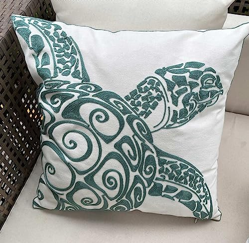 Embroidered Cute Nautical Animal Pillow Cover,Square 18 Inches Decorative Canvas Pillow Cover for Nautical Style Deco by (Seagreen-Sea Turtle)