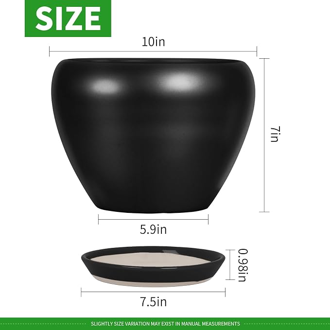 Deep Dream 10 Inch Plant Pot- Ceramic Planter Pot Round Plant Pots for Indoor Plants Outdoor Large Flower Pot with Drainage Holes & Trays, Black