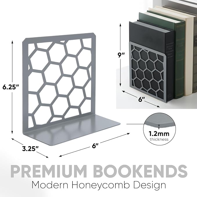 Gray Geometric Honeycomb Metal Bookends - Book Ends for Shelves - Decorative Modern Heavy Duty Bookend Stopper - Book Ends for Heavy Books - Home Office Book Holder - 1 Pair, 6x3.25x6.25 in
