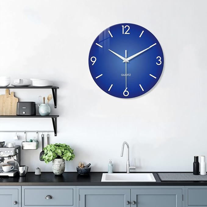 XFM Modern Blue Wall Clock 16 Inch Big Minimalist | Silent Non-Ticking Battery Operated Modern Simple Quartz for Living Room Bedroom Office Decor
