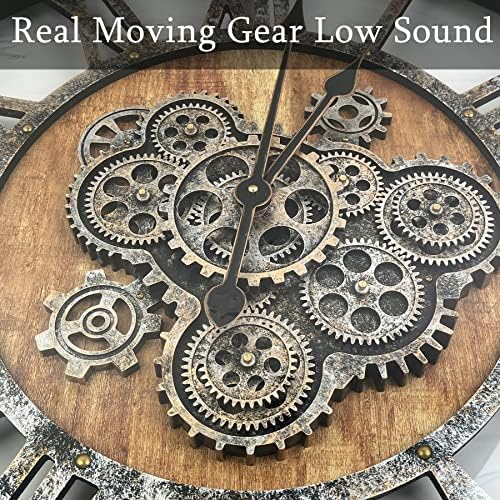 24 Inch Moving Gear Wall Clock, Oversized Wall Clocks, Clock Living Room Decor, Solid Wood Frame, Battery Operated, Large Wall Clock with Steampunk Industrial for Fireplace(Brown)