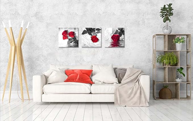 NAN Wind Canvas Print 3 Pcs Black and White Red Rose Canvas Art Painting Abstract Wall Art Decorations Flower Picture on Canvas for Home Decor Stretched and Framed (20X20inchX3pcs, Red Rose)