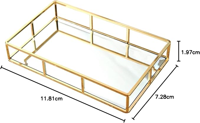 PuTwo Tray Mirror, Gold Dresser Ornate Tray Metal Decorative Tray Jewelry Perfume Organizer Makeup Tray for Vanity, Dresser, Bathroom, Bedroom