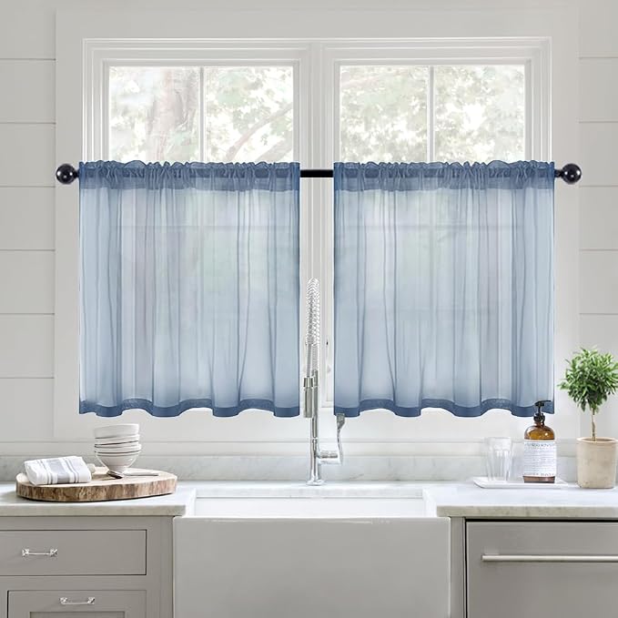 MIULEE Semi Sheer Curtains 24 inch Length Kitchen Window Curtains Over Sink, Rod Pocket Short Small Curtains for Bathroom Cafe Linen Textured Light Filtering Half Curtains 2 Panels, Dusty Blue