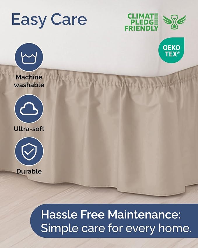 Wrap Around Dust Ruffle Bed Skirt, King Size Beds - 12 Inch Drop, Wheat | Easy Fit Elastic Strap, Adjustable Pleated Bedskirt w/Brushed Fabric, Wrinkle & Fade Free, for Women, Men, Kids & Teens