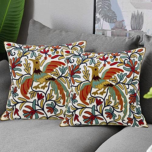 Alysheer Embroidered Summer Decorative Throw Pillow Cover 18"x 18" Set of 2, Boho Orange Bird Embroidery Patterned Cotton Cushion Case for Sofa Couch Living Room Bedroom Outdoor