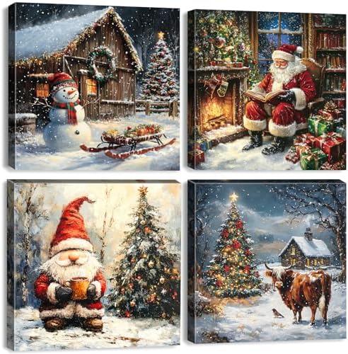 Christmas Wall Art Christmas Tree Wall Decor with Santa Gnomes Snowman Pictures Farmhouse Highland Cow Canvas Paintings Rustic Country Xmas Artwork for Living Room Bedroom Home Decorations 12x12" 4Pcs