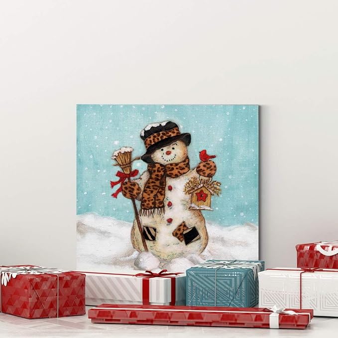 Renditions Gallery Canvas Wall Art Paintings & Prints Snowman with Hat & Cardinal in Winter Snow Abstract Hanging Artwork for Bedroom Home Kitchen Wall Decorations - 24"X24" LT05