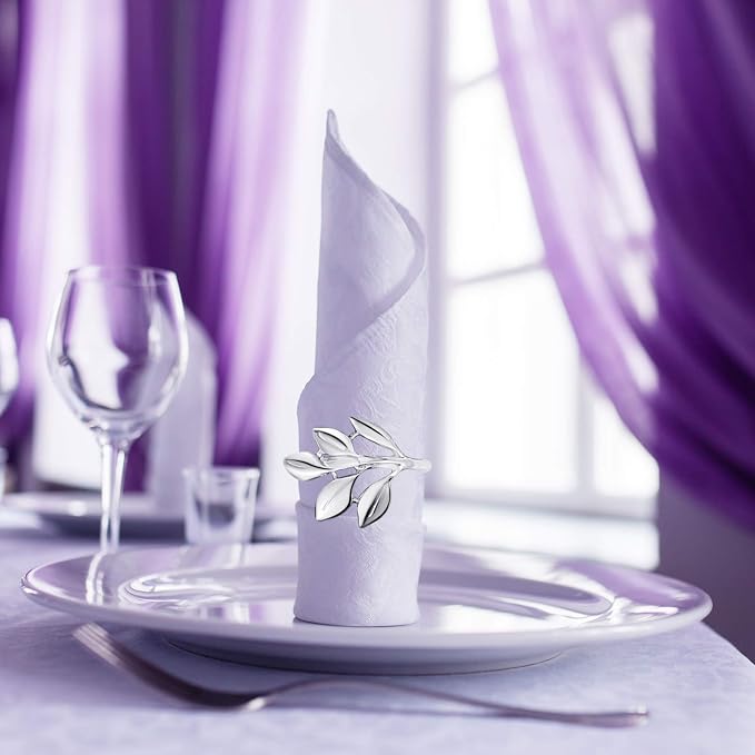 Hotop Set of 12 Fall Leaf Napkin Ring Silver Metal Holders for Table Decor | Elegant Leaf Shape Holders Bulk, Fall Festive Vintage Thanksgiving Christmas Wedding Bridal Dinner Table Party Decor Favors