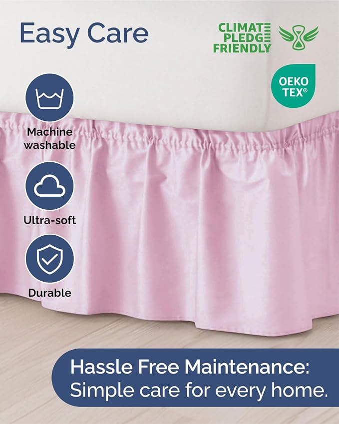 Wrap Around Dust Ruffle Bed Skirt, Full Size - 24 Inch Drop, Light Pink | Easy Fit Elastic Strap, Adjustable Pleated Bedskirt w/Brushed Fabric, Wrinkle & Fade Free, for Women, Men, Kids & Teens