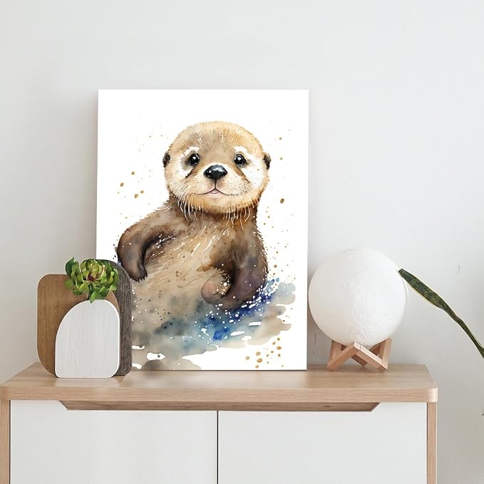 C8BUSIS Otter Canvas Wall Art Watercolor Animal Pictures Cute Otter Wall Decor Painting Splash-ink Poster Print for Bedroom Living Room Kitchen Bathroom Office Decoration (12x16inch, Framed)