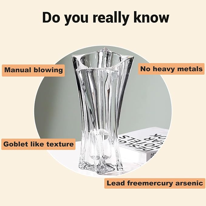 Crystal Glass Vase – Heavy Crystal Vase for Flowers with Weighted Bottom, Thick Durable Decorative Vases for Modern Home Decor, 9.8″ 3.5lb Clear Centerpiece (Transparent)