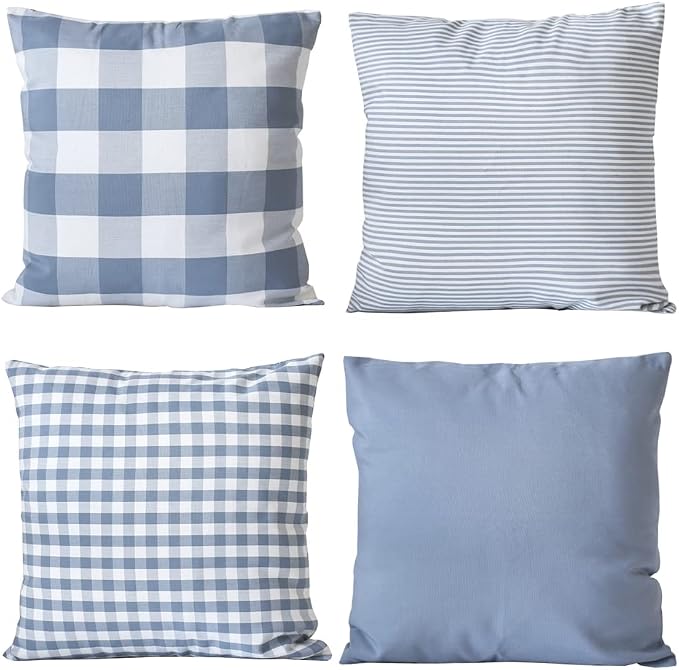 HOPLEE Light Blue Pillow Cover Cushion Cover with Buffalo Plaid, Solid Light Blue, Striped and Gingham Plaid Design 16x16 inch,4 Pack