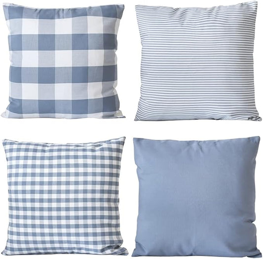HOPLEE Light Blue Pillow Cover Cushion Cover with Buffalo Plaid, Solid Light Blue, Striped and Gingham Plaid Design 16x16 inch,4 Pack
