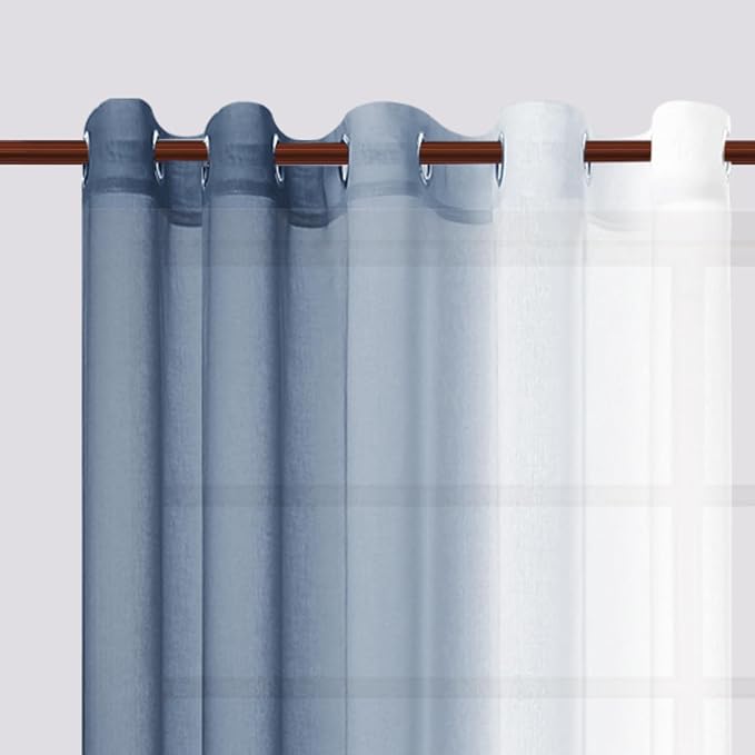 DWCN Blue Ombre Faux Linen Sheer Curtains - Extra Wide Gradient Semi Voile Grommet Top Bedroom and Living Room Curtains, 60 x 84 Inches Long, Set of 2 Window Curtain Panels, Denim Blue