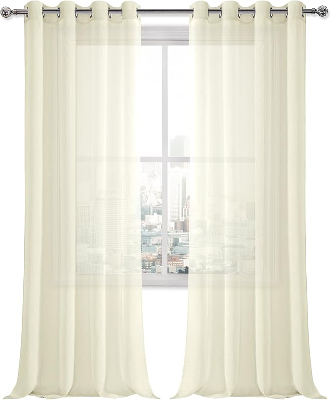 DWCN Ivory Sheer Curtains, Grommet Top Window Curtains for Bedroom & Living Room, Faux Linen Look Voile Semi-Transparent Solid Curtains Drapes Set of 2 Panels 52 x 102 Inch Long, Ivory