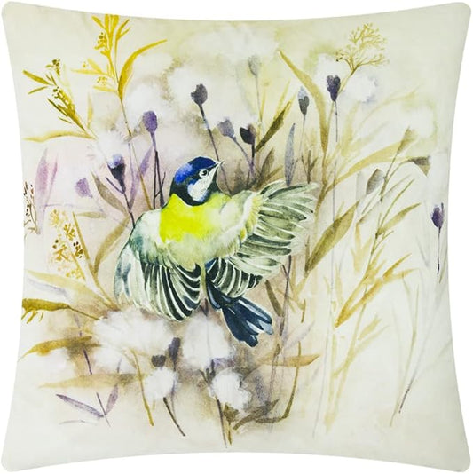 JWH Watercolor Blue Tit Bird Throw Pillow, Wildflower Meadow Decorative Cushion, Soft Velvet Pillow for Sofa, Couch, Bed, Nature Home Decor 18x18 Inches