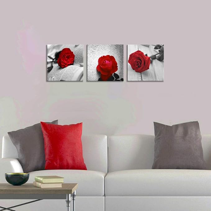 NAN Wind 3 Pcs Modern Canvas Painting Black and White Red Rose Canvas Art Abstract Wall Art Decorations Flower Picture on Canvas for Home Decor (14X14inchX3Pcs, B-Rose)