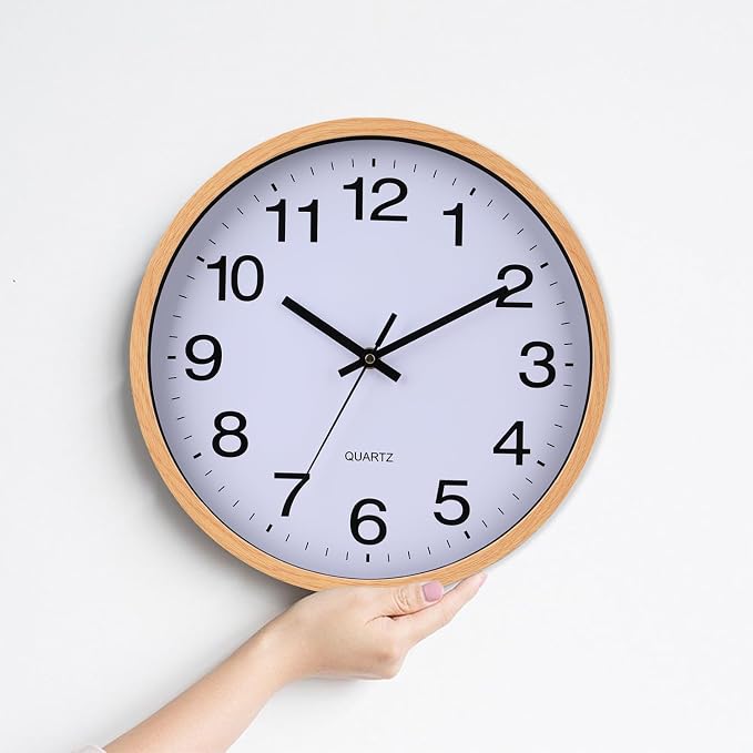Wall Clock 12 Inch Wooden Frame Glass Cover Non-Ticking Number Quartz Modern Quartz Design Decorative Bedroom Kitchen Office Classroom Light Brown