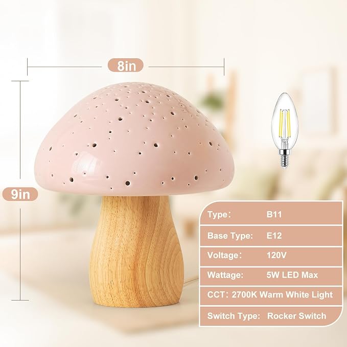 BOHON Mushroom Lamp Ceramic Bedside Table Lamp, Pink