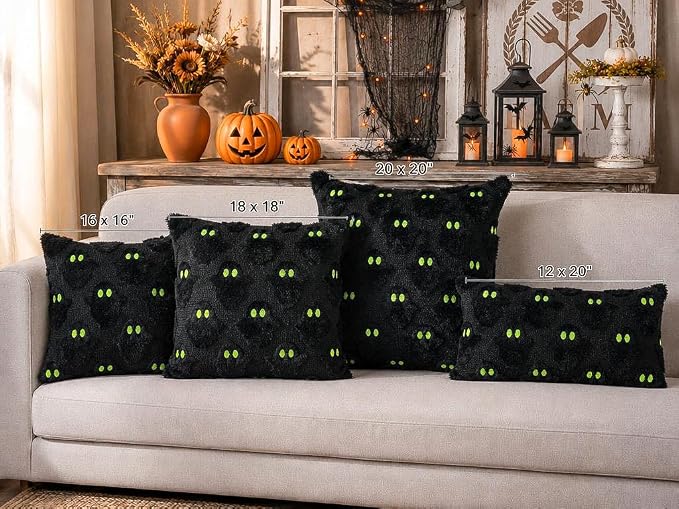 4TH Emotion Halloween Ghost Decorative Pillow Covers 18x18 Set of 2, Black Green Soft Plush Faux Fur Farmhouse Throw Cushion Cases for Fall Autumn Holiday Home Decorations
