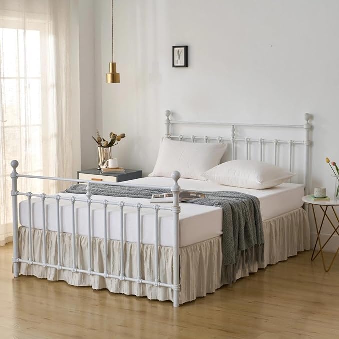 Bed Skirt King Size - Ruffled Bed Skirt - with Split Corners - Cream | Striped Boho Tufted -12 Inch Drop Bedskirt with Platform-Soft Premium Hotel Quality - Easy Fit