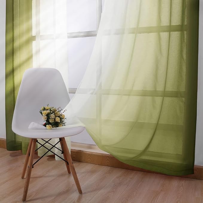 DWCN Olive Green Faux Linen Ombre Sheer Curtains - Gradient Semi Voile Curtains for Bedroom and Living Room, Set of 2 Grommet Top Window Curtain Panels, 42 x 63 Inches Long, Olive Green