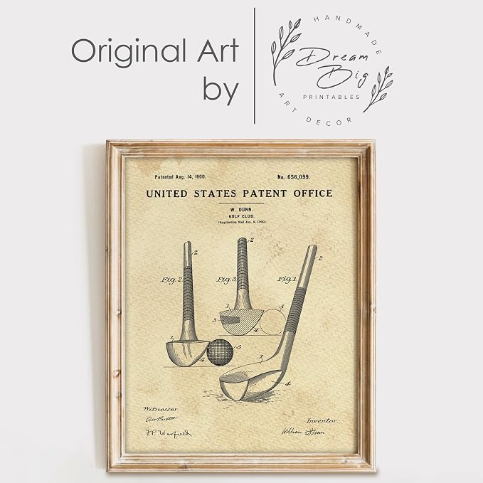 DREAM BIG PRINTABLES Golf Club Patent Print Wall Art - Unframed - 8x10 | Timeless Style Wall Decor for Golf Enthusiasts | Farmhouse, Living Room, Modern Home Decor