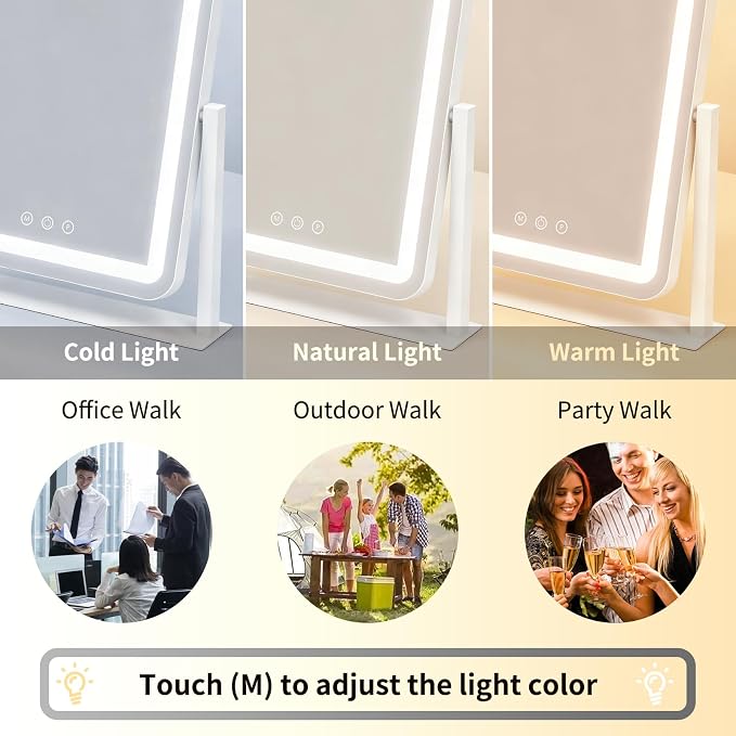 ROLOVE Vanity Mirror with Lights 14.6x13 Inch, Smart Touch Control, 3 Color Lighting Modes, Table Top Mirror with Stand for Bedroom
