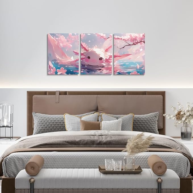 Feelyou Kids Cute Axolotl Wall Painting Posters and Prints Ocean Canvas Wall Art for Living Room Bedroom Kawaii Sealife Picture Wall Decor Boys Girls Cherry Blossoms Bathroom Wall Art 12"x16"x 3Pcs