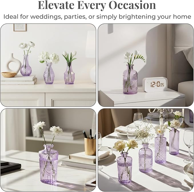 BEAHOT Bud Vase in Bulk - Flower Vases for Wedding Decorations, Glass Vase for Table Decorations, Small Vase for Home, Mother's Day, Centerpieces, Party, Office (32pack,Purple)