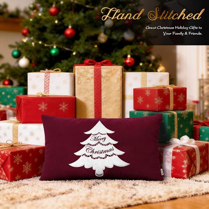 BRAWARM Christmas Pillow Cover 12 X 20 Inches, Burgundy Christmas Tree Embroidered Lumbar Pillow Cover, Soft Velvet Decorative Throw Pillow for Couch Bed Sofa Living Room Home