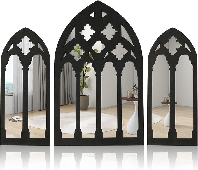 3 Pcs Arched Window Wall Mirror Set, Gothic Wall Mirror Decor, Cathedral Arched Mirror Decor, Self-Adhesive Arched Wall Mirror for Living Room Bedroom Bathroom Vanity Entryway(31-C Model)