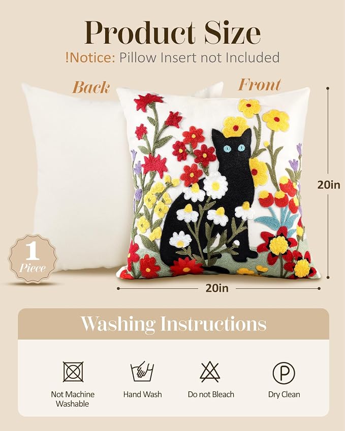 Embroidered Throw Pillow Cover - 20x20 Decorative Pillow Cover with Zipper Aesthetic Cute Design Boho Spring Summer Throw Pillowcase for Living Room Couch Sofa Bed, Flower Cats