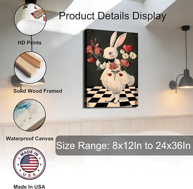 RIBNTAK Miss Rabbit with Rose Large Easter Wall Art 20x30, Sweet Spring Bunny Painting Canvas Prints for Mantle Decor, Bunny Pictures for Living Room, Kitchen, Holiday Home Decoration