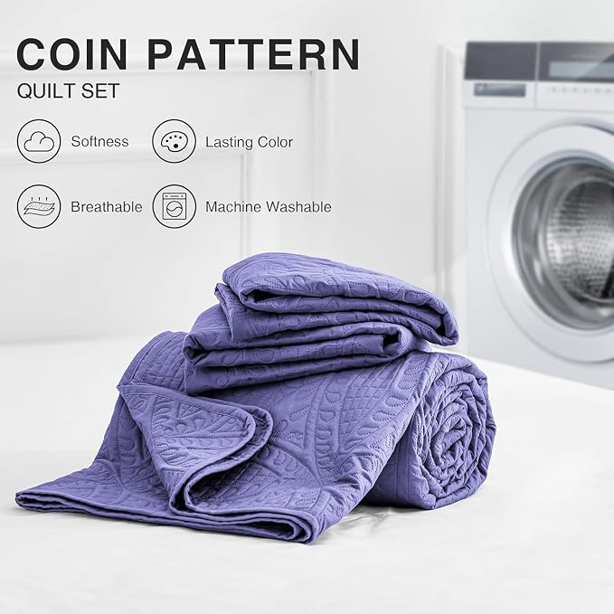 Love's cabin Twin Quilt Bedding Set Deep Purple Bedspreads - Soft Bed Summer Lightweight Bedspread Comforter - Coin Pattern Bedding Coverlet for All Season - 2 Pieces (1 Quilt, 1 Pillow Sham)