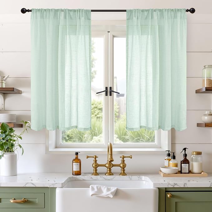 BGment Light Green Linen Curtains 40 Inches Long - Sheer Kitchen Drapes Textured for Short Window with Rod Pocket Lightweight, 2 Panels Set, 42 X 40 Inch