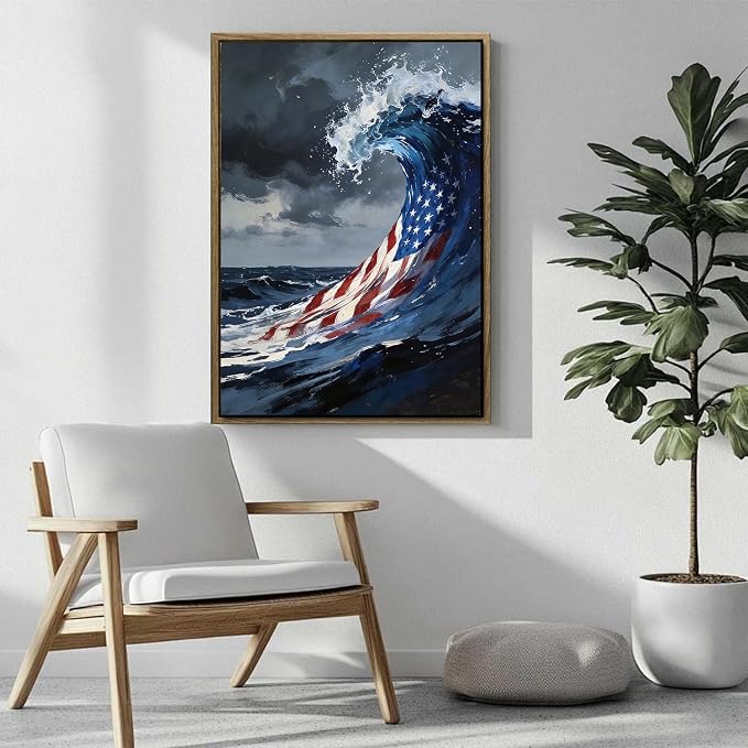 American Flag Framed Canvas Wall Art, 4th of July Patriotic Canvas Prints | USA Flag Ocean Waves Abstract Poster Print, Independence Day Wall Decor for Bedroom Living Room Office 20×24in