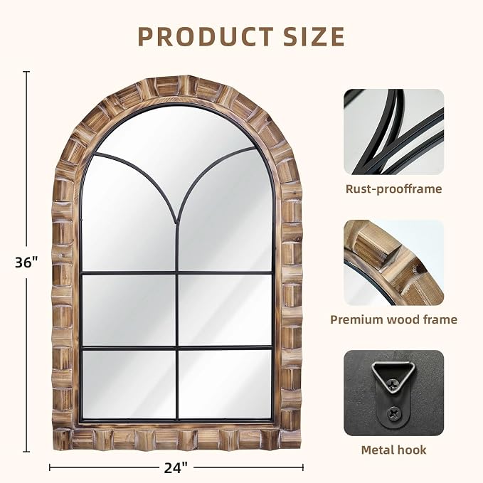 36x24 Inch Arched Window Pane Wall Mirror | Rustic Farmhouse Solid Wood Decorative Mirror for for Living Room, Bedroom, Entryway & Bathroom
