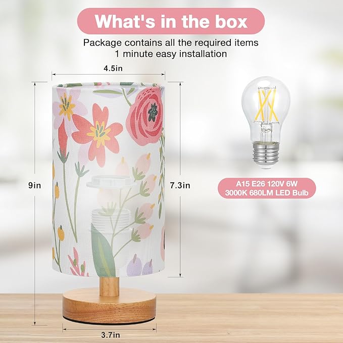 Fenmzee Small Table Lamps (Floral White Shade, 9" Inline Control)
