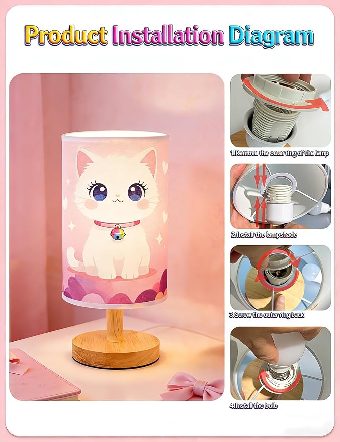 Cat Lamp, Lamps for Girls Bedroom, 3 Colors Nightstand Light Lamp, Round Wood Base Flaxen Fabric Desk Lamp for Kids Room, Cat Table Lampp Gift for Girls (LED Bulb Included) (Kitten)
