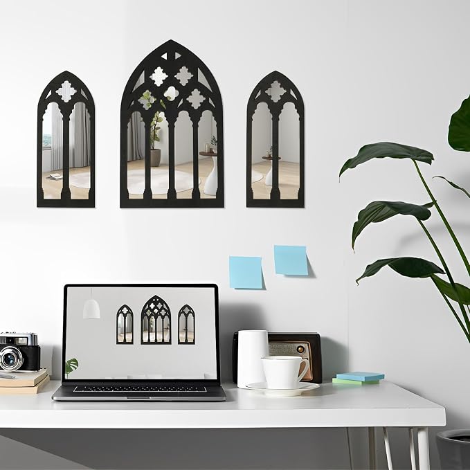 3 Pcs Arched Window Wall Mirror Set, Gothic Wall Mirror Decor, Cathedral Arched Mirror Decor, Self-Adhesive Arched Wall Mirror for Living Room Bedroom Bathroom Vanity Entryway(31-C Model)