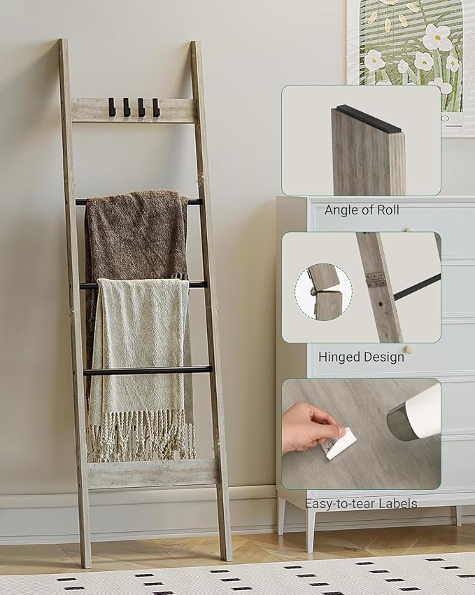 Hzuaneri Blanket Ladder Decorative Quilt Rack with 4 Removable Hooks | 5-Tier Farmhouse Ladder Holder Shelf Organizer for Living Room Bedroom Greige and Black BR02105B