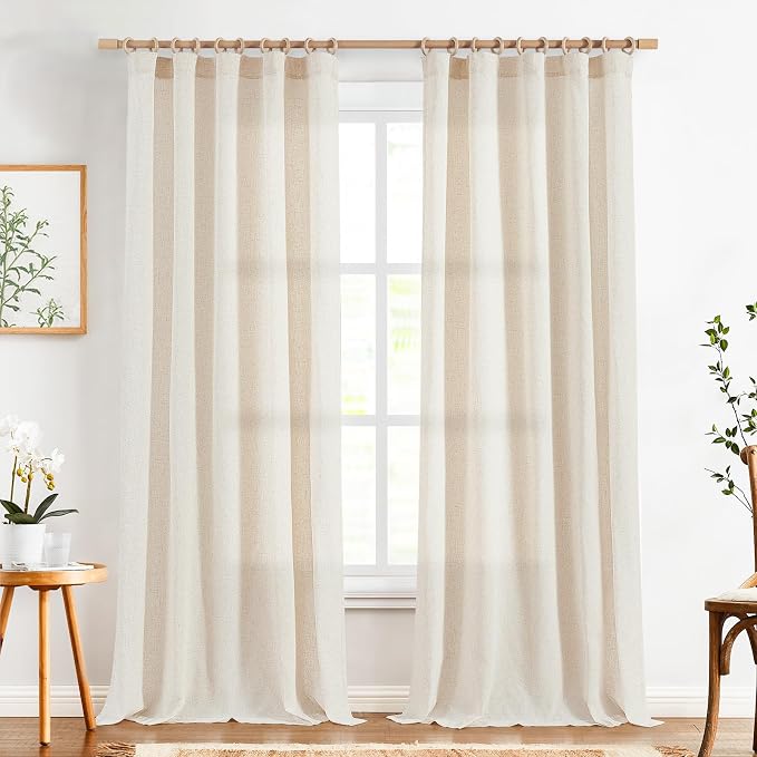jinchan Linen Curtains Light Filtering Back Tab 50x96 Inch 2 Panels Beige | Semi Sheer Curtains 96 inch length for Bedroom Living Room, Modern Farmhouse Drapes with Rod Pocket, Natural Boho Curtains