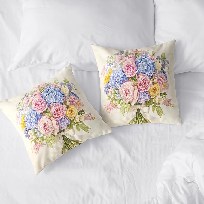Spring Summer Floral Pillow Covers 22x22 Pink Rose Blue Hydrangea Throw Pillow Covers Exquisite Bouquet Pillow Case Flowers Cushion Case for Living Room Couch Sofa 2 Pack