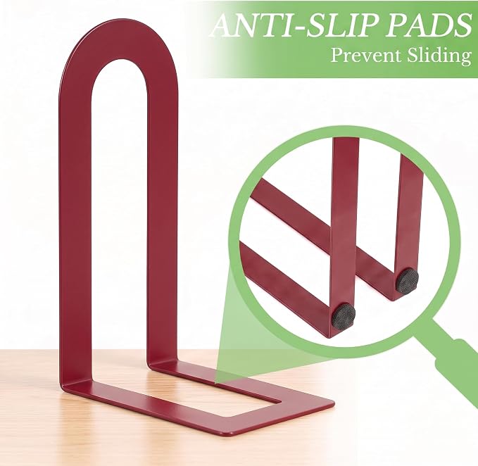 Sanwarm Bookends, 12 Pcs, Metal, for Home Office Desk Shelves Red Modern | Decorative Book Ends Non-Skid Book Stoppers Holder 6 Pair Gifts for Reading Enthusiasts Library Decor