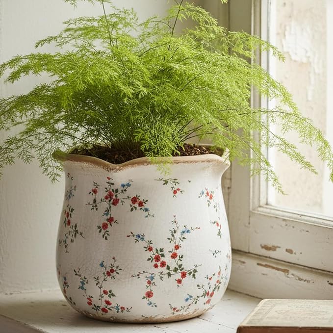 Ceramic Pots for Plants, Vintage Rustic Plant Pot with Drainage Hole | 6.11 Inch Planter for Indoor Plants, French Country Crackle Glaze Flower Pot, Grandma Core Home Decor, Small Red Blooms