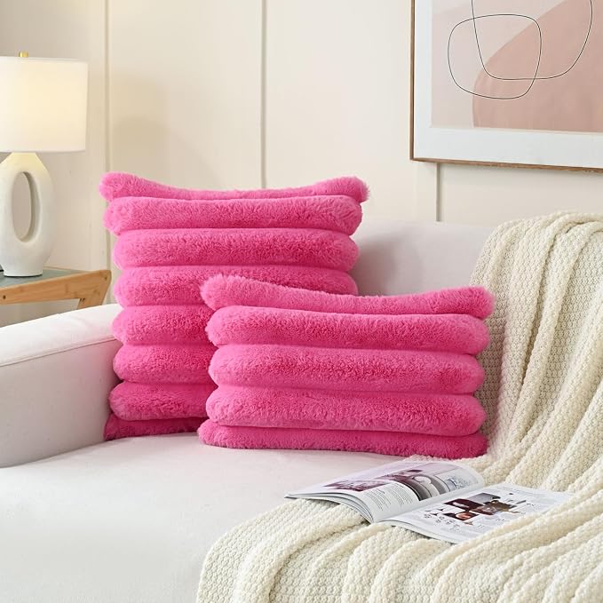 HAUSSY Pack of 2 Pillow Covers 18x18 Inch, Faux Fur Decorative Couch Throw Pillows Soft Striped Plush Cushion Covers Home Decor Cute Furry Pillowcase for Living Room Sofa Bed, Hot Pink (Covers Only)