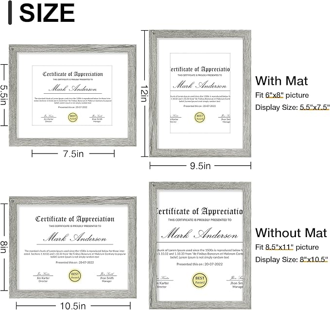 Vittanly 8.5x11 Picture Frames Set of 9 for Wall Mount & Tabletop, Grey | Certificate Frame Display Pictures 6x8 with Mat or 8.5x11 without Mat, Diploma Document Degree Frames, Engineered Wood